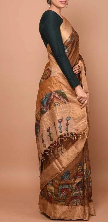 Lovely Green And Brown Colored Festive Wear Linen Saree