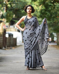 Lovely Grey & Black Colored Printed Pure Linen Saree