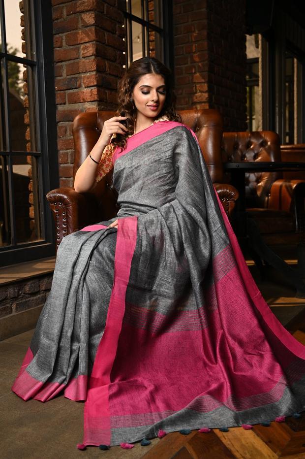 Magnetic Women's dark Grey Color Pure Linen Saree With Blouse Piece