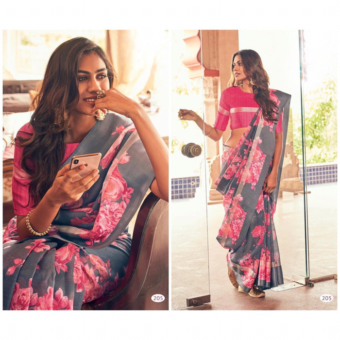 Marvellous Grey Colour Printed Pure Linen Saree For Women