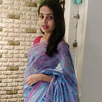 Marvellous Light blue Colored Printed Pure Linen Saree For Women - Ibis Fab