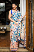 Mesmerising light Blue colored Linen Designer Printed Saree