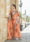 Mesmerising Pure Linen Light Orange Colored Casual Printed Saree