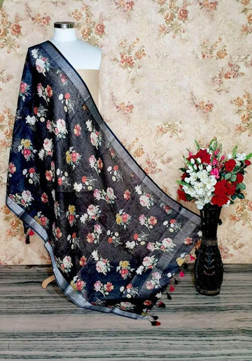 Mesmerizing Black Floral Design Digital Linen Dupatta