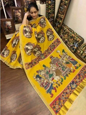 Amazing Yellow colored Kalamkari Linen Designer Printed Saree