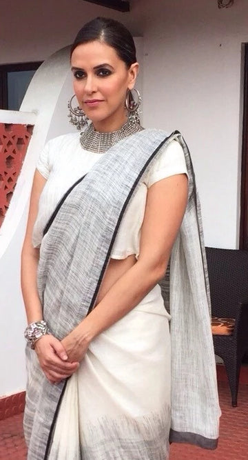 Neha Dhupia fame White Orignal Pure Linen Designer Saree