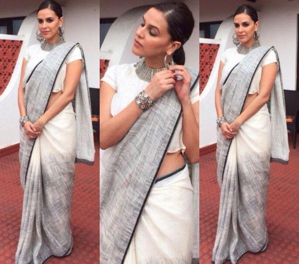 Neha Dhupia fame White Orignal Pure Linen Designer Saree - Ibis Fab