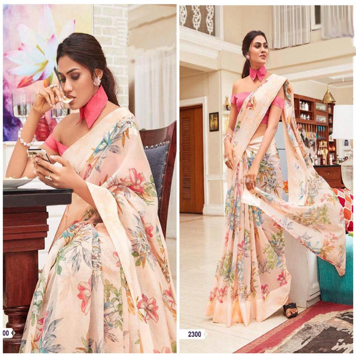 Mesmerising Beige Colour Printed  Pure Linen Saree For Women