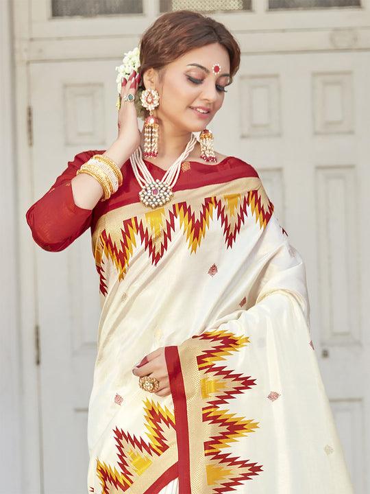 Off White Soft Silk Saree, Festive Wear - Ibis Fab