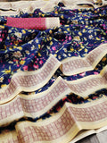Opulent Navy Blue And Beige Colour Women's Pure Linen Saree With Unstiched Blouse Piece