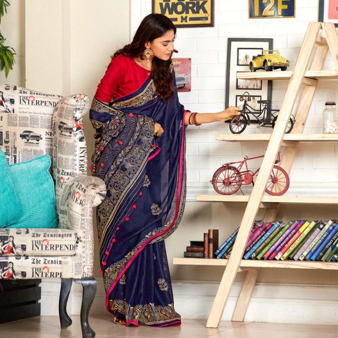 Opulent Navy Blue And Red Colour Printed Pure Linen Saree For Women - Ibis Fab