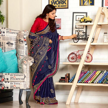 Opulent Navy Blue And Red Colour Printed Pure Linen Saree For Women