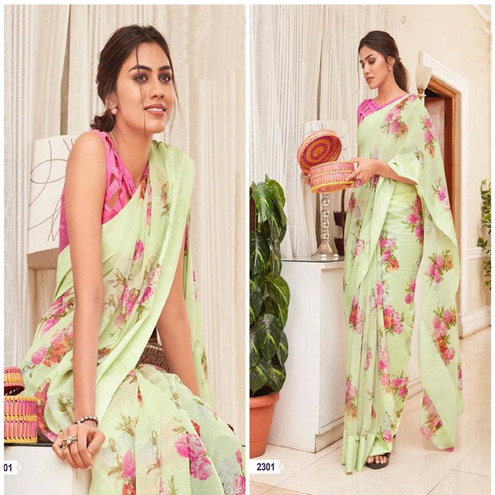 Opulent Pista And Pink Colour Printed  Pure Linen Saree For Women