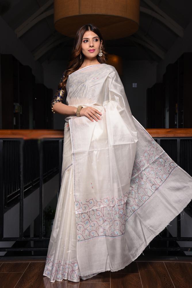 Opulent Women's White Colour Pure Linen Saree With Blouse Piece - Ibis Fab