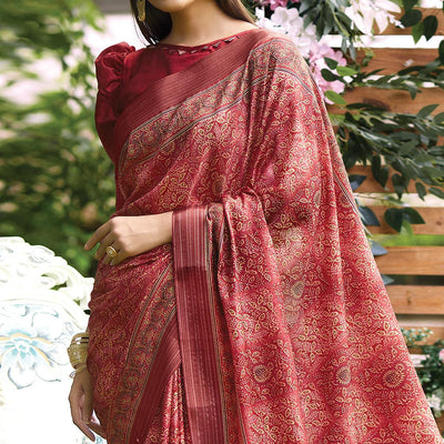Original Soft Silk Red Color Saree With Blouse - Ibis Fab
