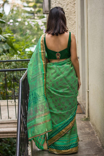 Parrot Green Linen Designer Saree