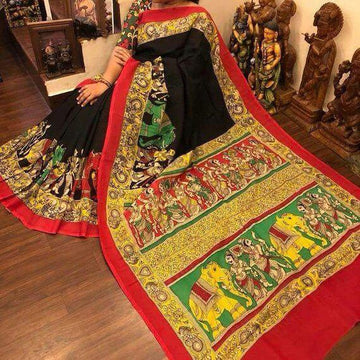 Peculiar Black Elephant Kalamkari Linen Printed Saree