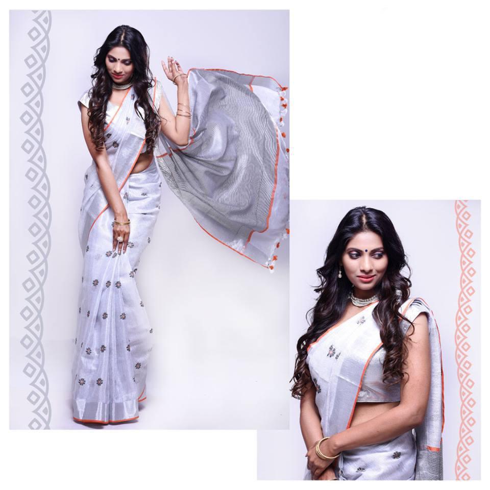 Phenomenal Light Grey, Pure Linen Designer Saree - Ibis Fab