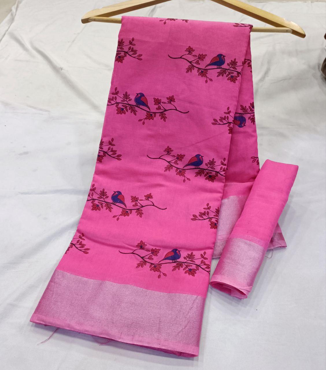 Linen Cotton Print Saree with Blouse Piece - Ibis Fab