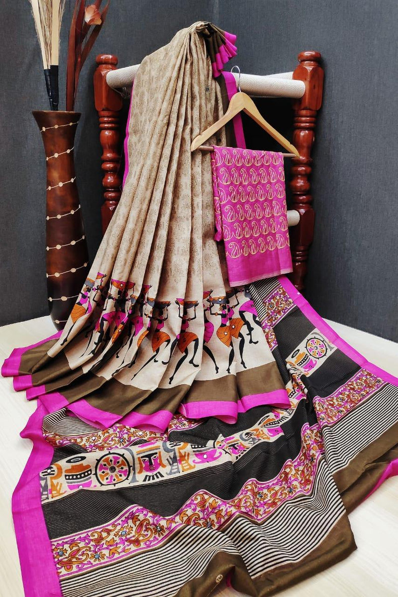 Pleasance Pure Linen Beige Colored Casual Printed Saree - Ibis Fab