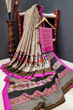 Pleasance Pure Linen Beige Colored Casual Printed Saree - Ibis Fab