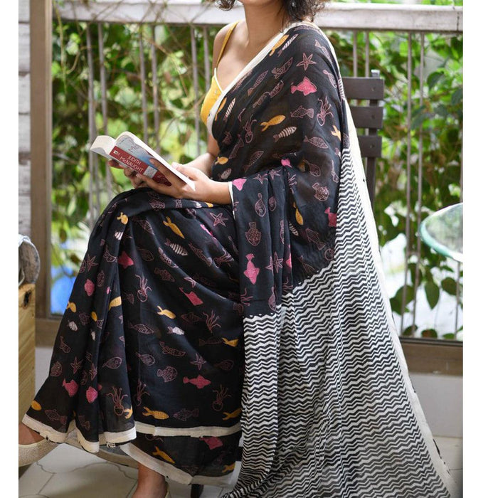 Pretty Black Colored Festive Wear Pure Linen Designer Saree