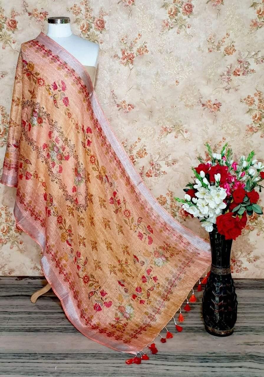 Pretty Peach Floral Design Digital Linen Dupatta - Ibis Fab