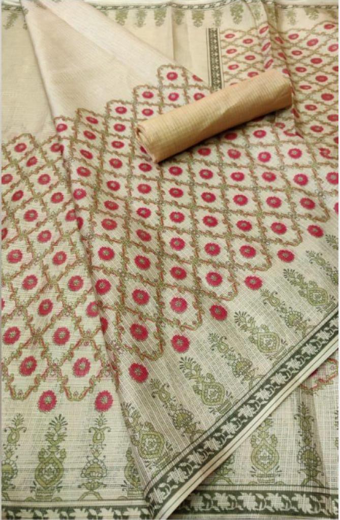 Printed Daily Wear Beige Color, Pure Linen Saree