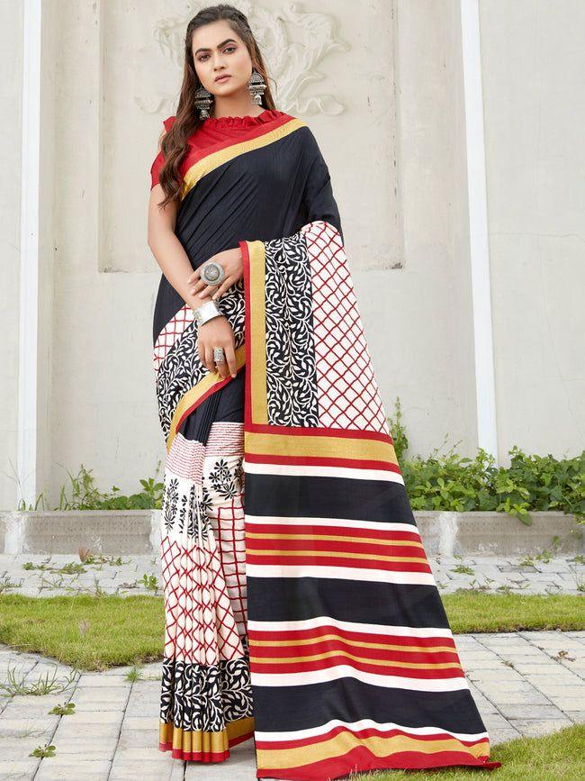 Printed Lining And Checks Soft Silk Saree - Ibis Fab