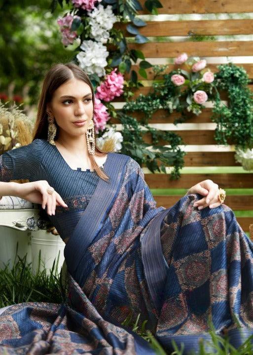 Printed Silk Saree With Unstitched Blouse - Ibis Fab