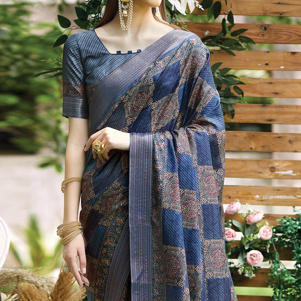 Printed Silk Saree With Unstitched Blouse - Ibis Fab