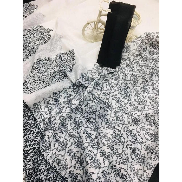 Printed White Color Pure Linen Saree
