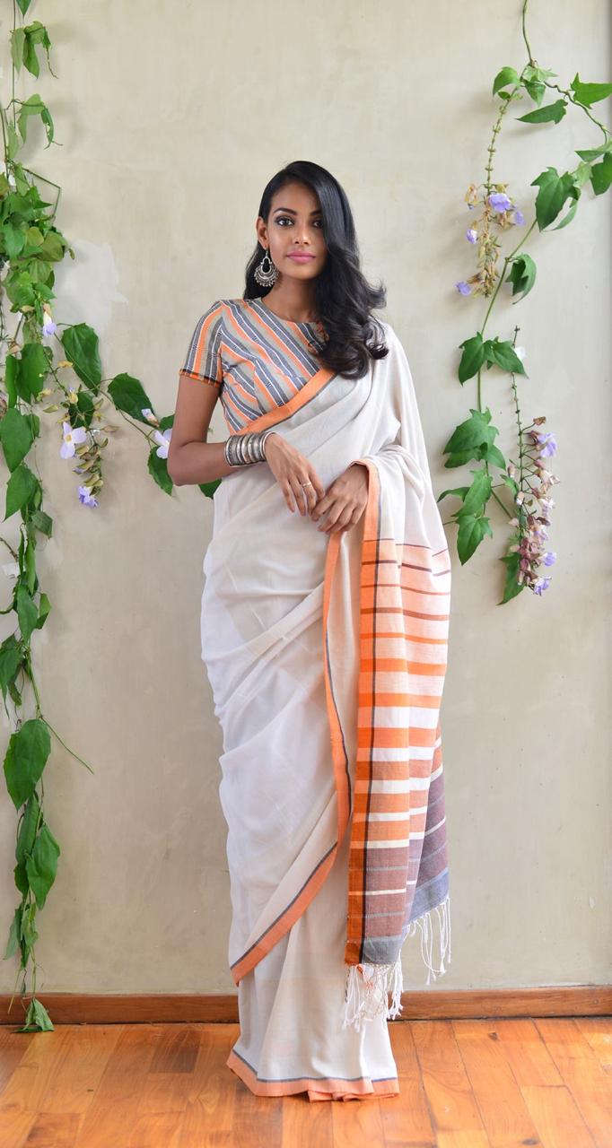 Prominent White Linen Designer Embroidered Saree - Ibis Fab