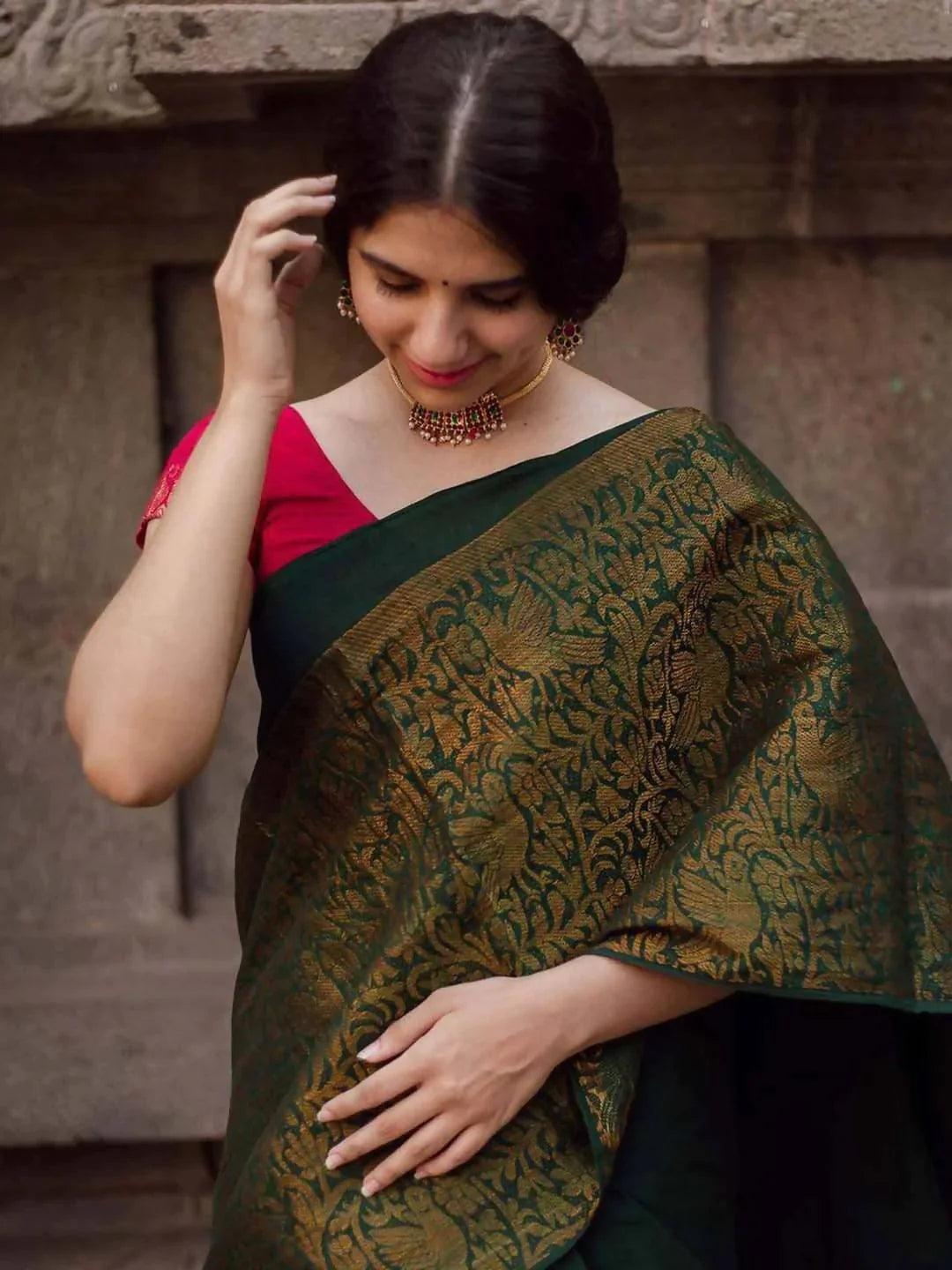 Pure Banarasi Silk Sarees Dark Green Colour, Wedding Wear - Ibis Fab