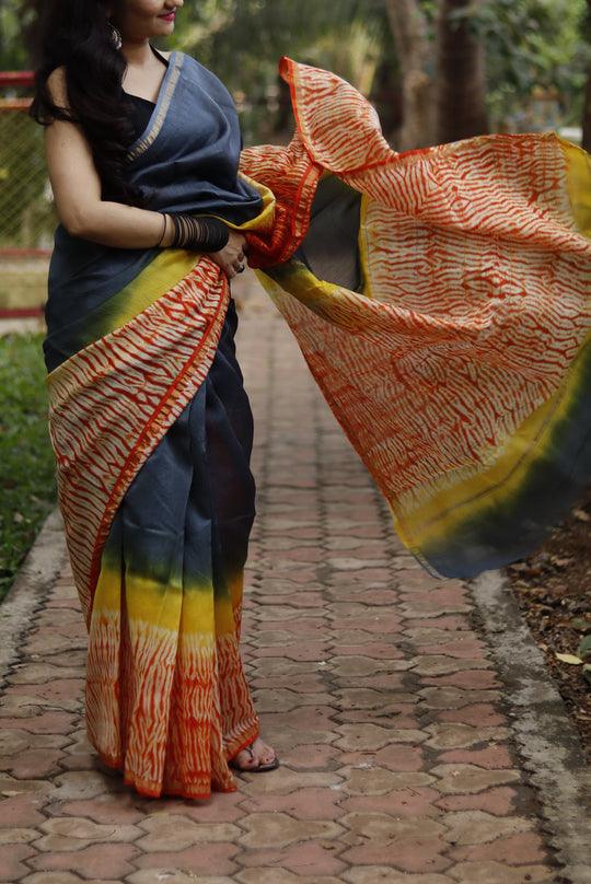 Pure Linen, Designer Night Blue Colour Saree