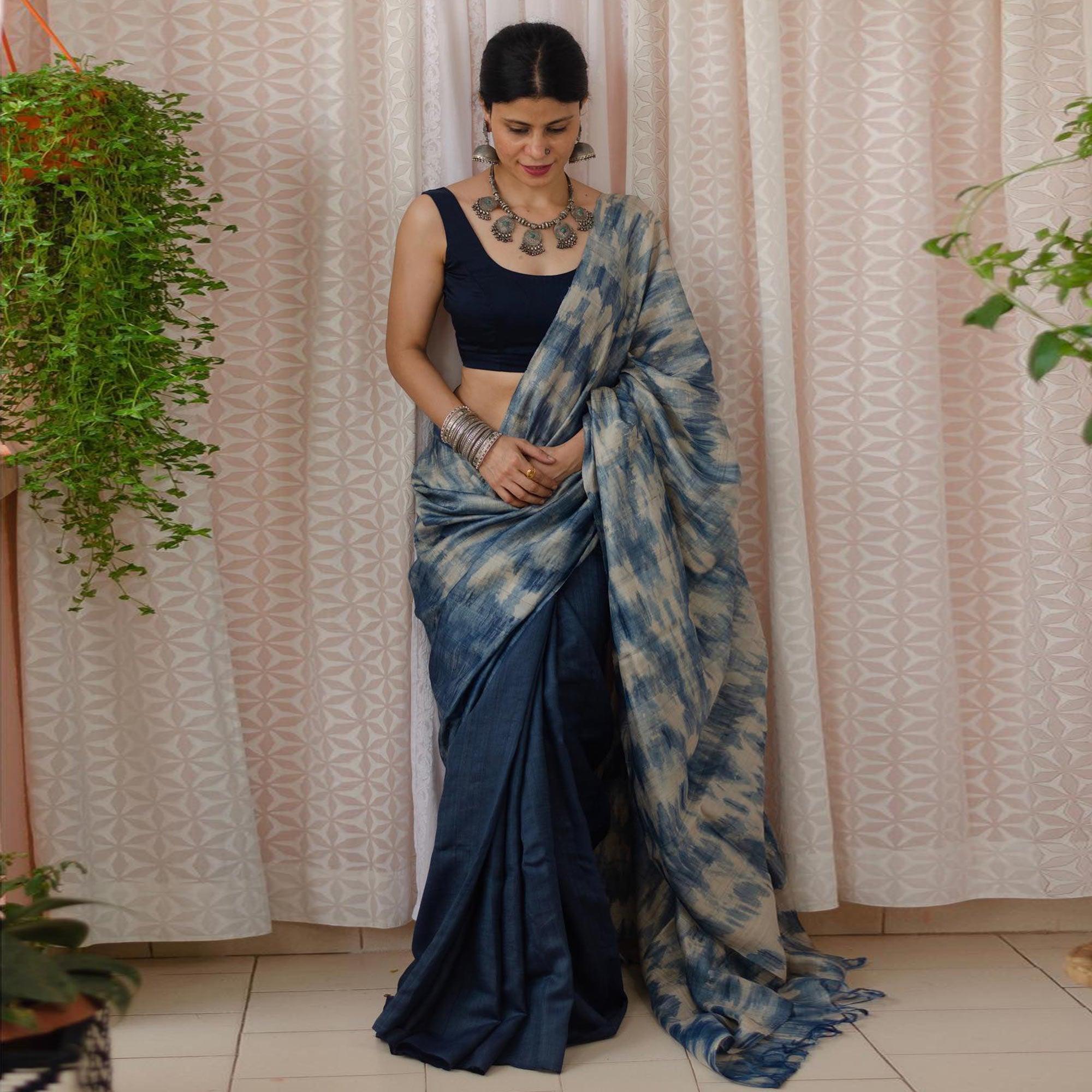 Pure Linen Digital Print Blue Colour Saree, Party Wear. - Ibis Fab