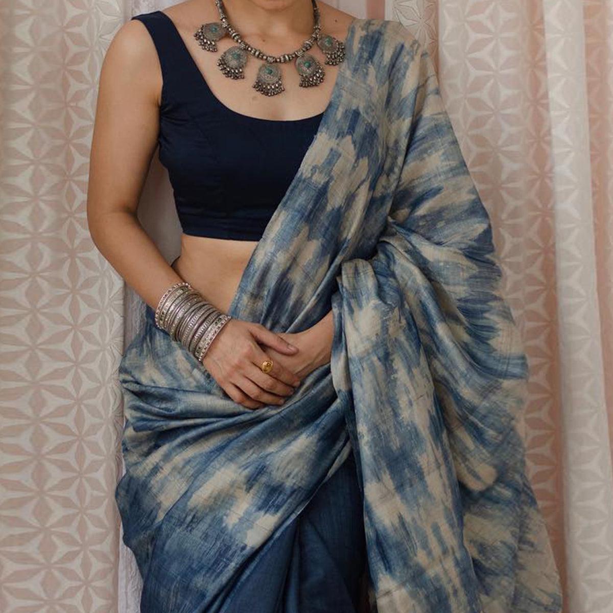 Pure Linen Digital Print Blue Colour Saree, Party Wear. - Ibis Fab