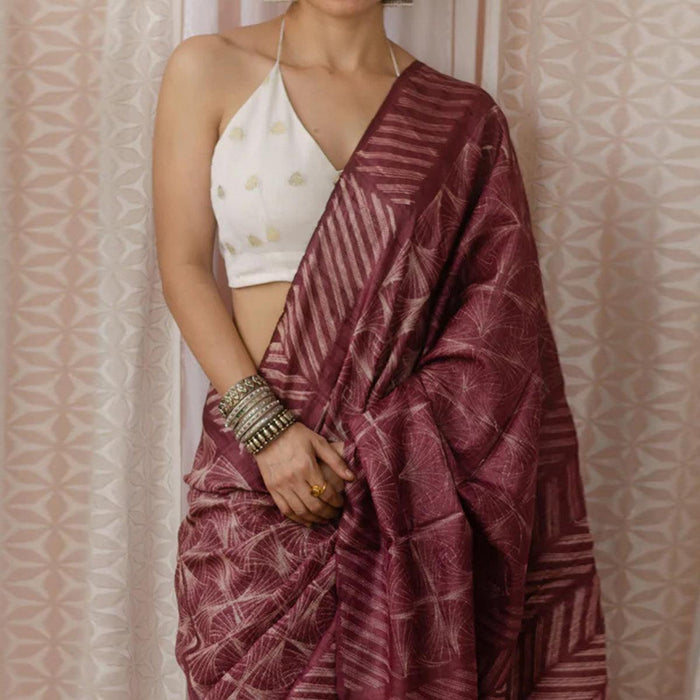 Pure Linen Digital Print Brown Color Saree, Party Wear