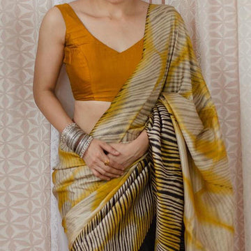 Pure Linen Digital Print Grey And Yellow Colour Saree, Wedding Wear