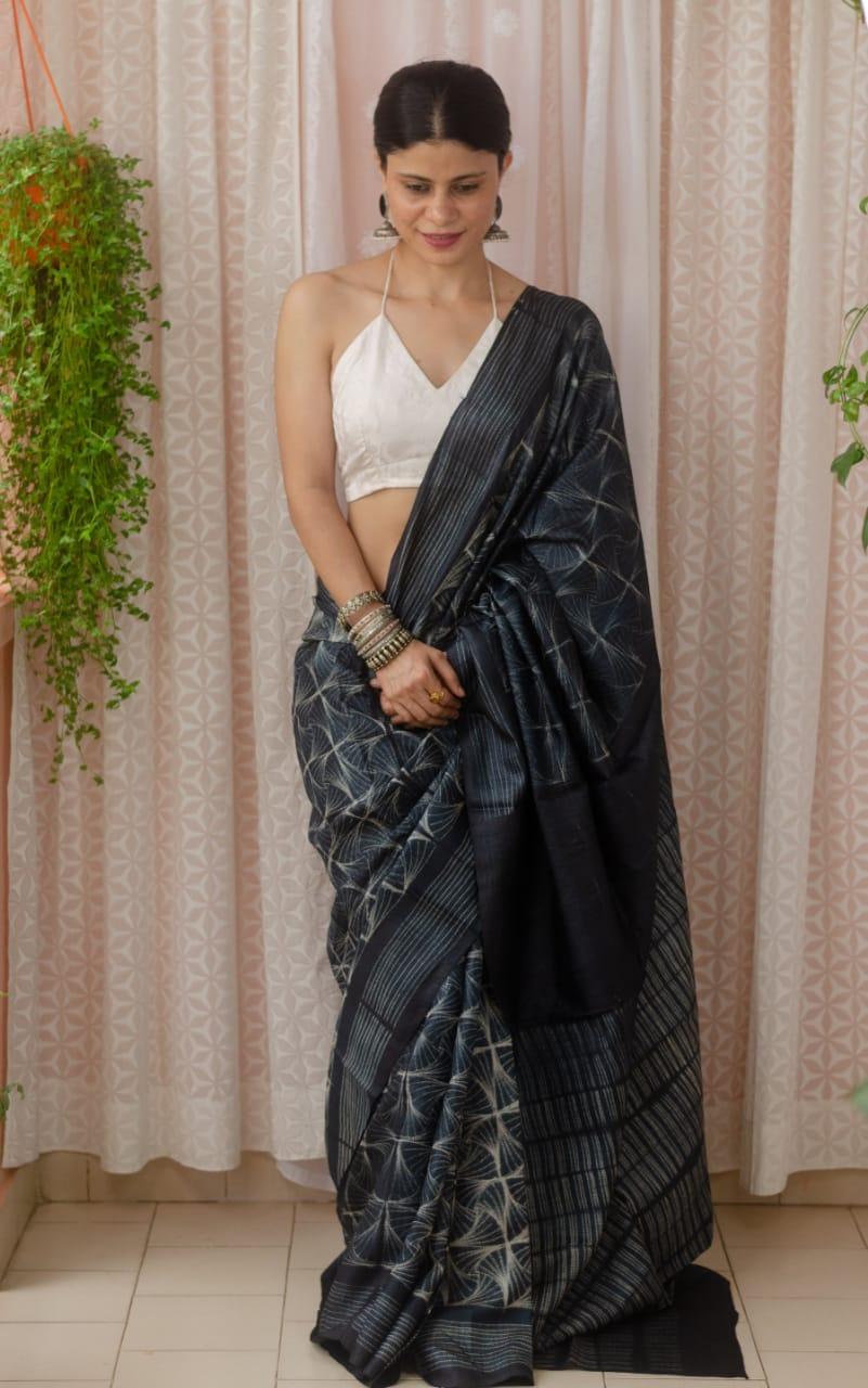 Pure Linen Digital Print Grey Colour Saree, Party Wear - Ibis Fab