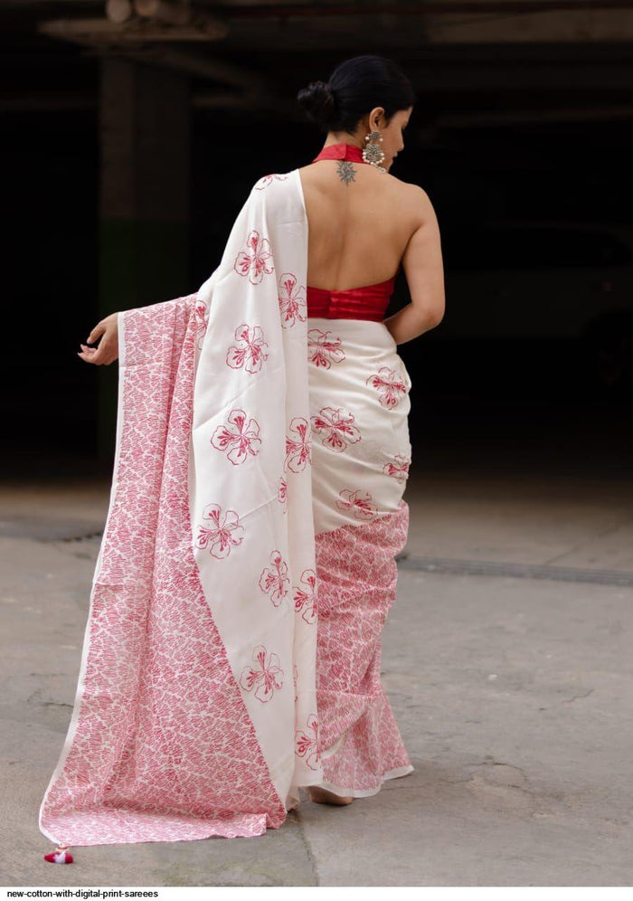 Pure Linen Digital Print White And light Pink Colour Saree, Casual Wear