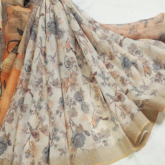 Pure linen saree in Beige, printed festive wear