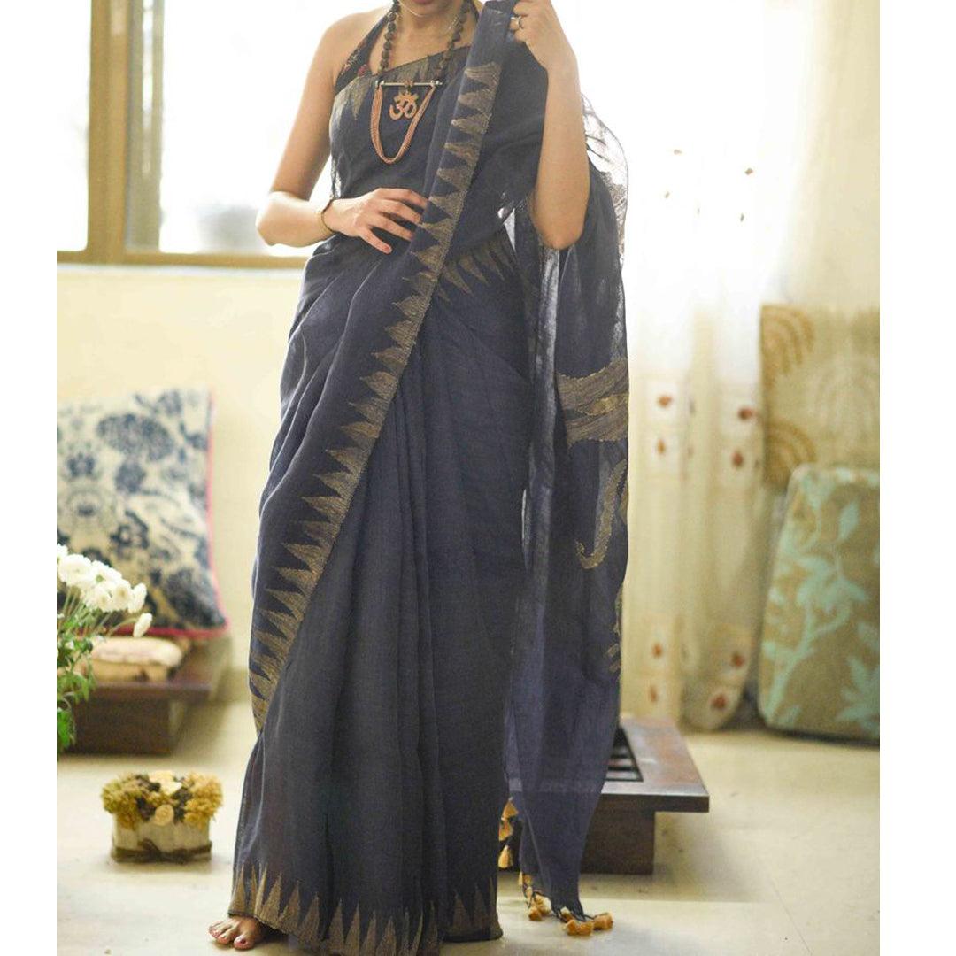 Pure linen saree in dark Grey designer wear - Ibis Fab