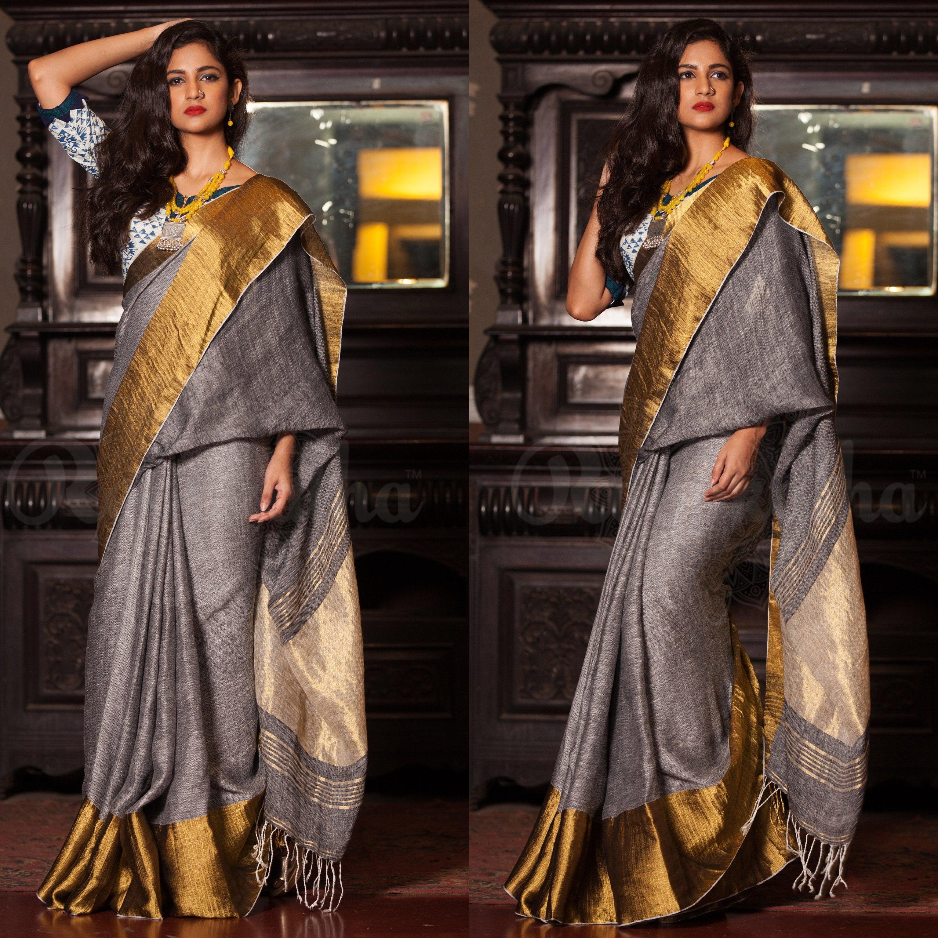 Pure linen saree in Light grey, festive wear - Ibis Fab