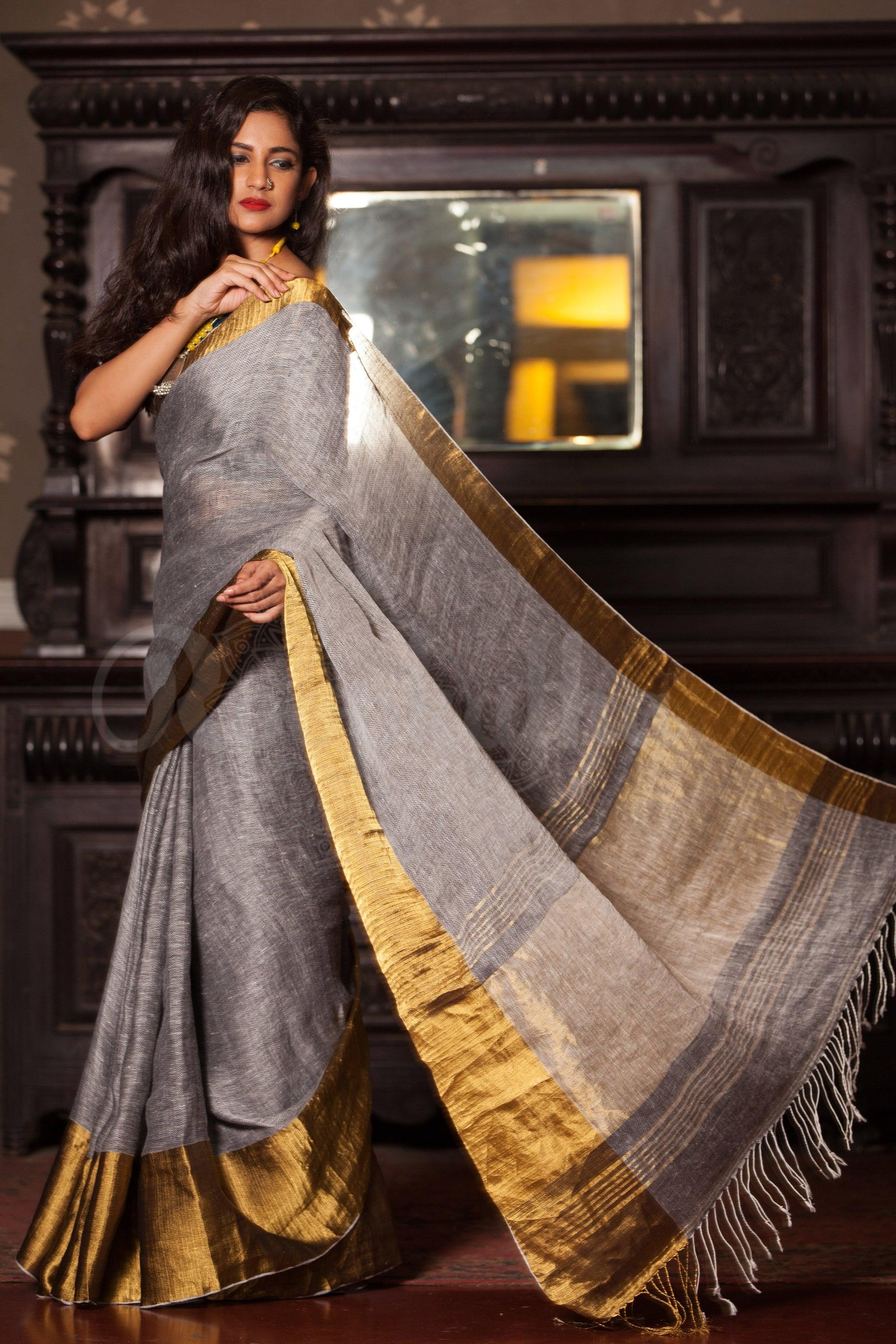 Pure linen saree in Light grey, festive wear - Ibis Fab