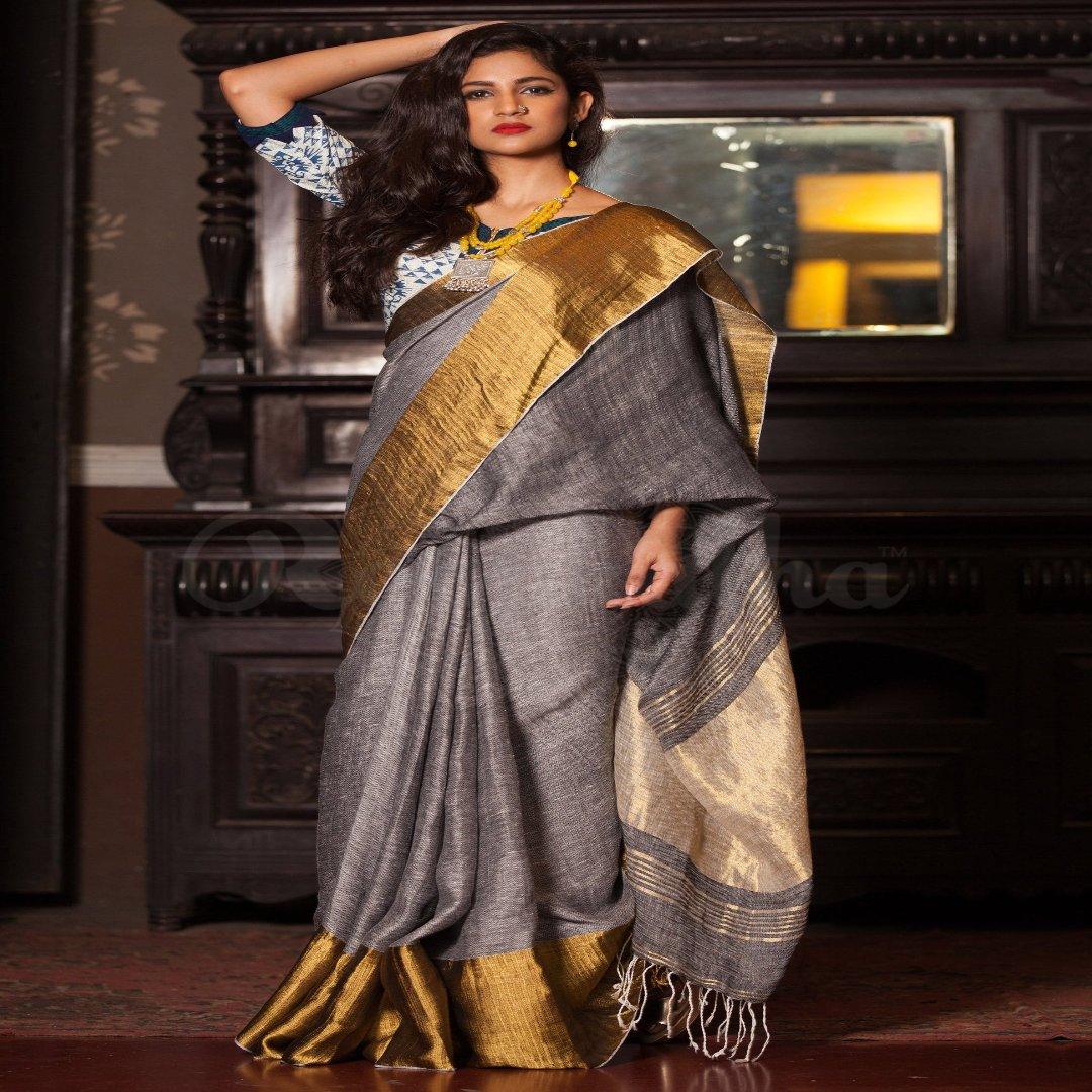 Pure linen saree in Light grey, festive wear - Ibis Fab