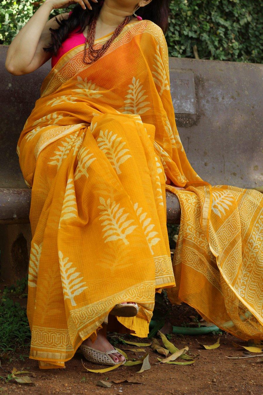 Pure linen saree in Yellow, mesmerising printed wear - Ibis Fab