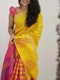 pure soft silk pretty yellow and pink colored traditional wear saree