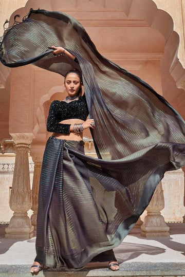 Rainbow Chiffon Satin Patta black Saree With Designer Blouse