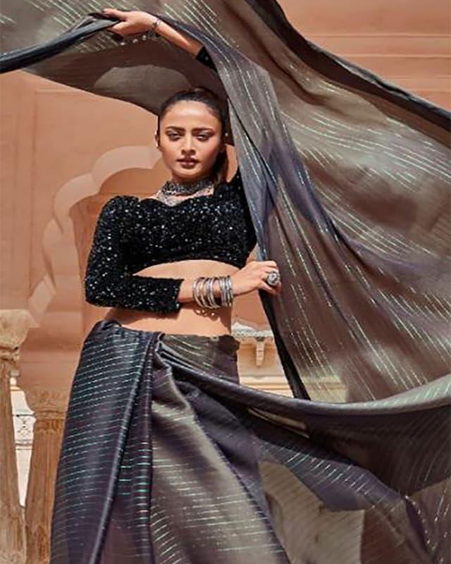 Rainbow Chiffon Satin Patta black Saree With Designer Blouse